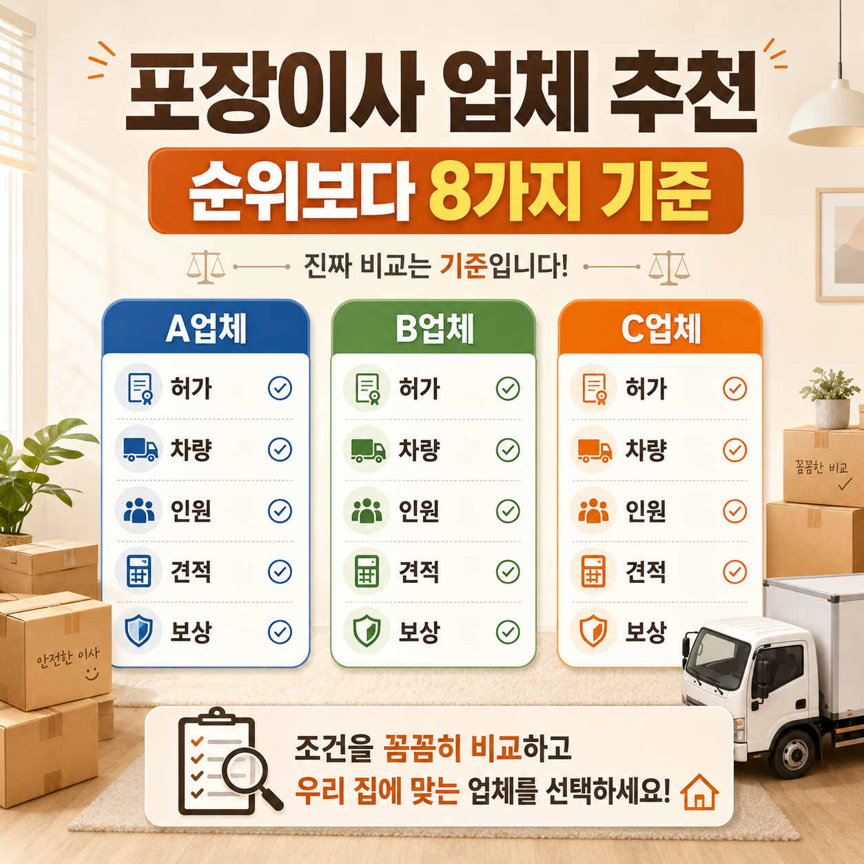 여러 포장이사 업체의 허가 견적 차량 작업인원 보상조건을 비교하는 이미지