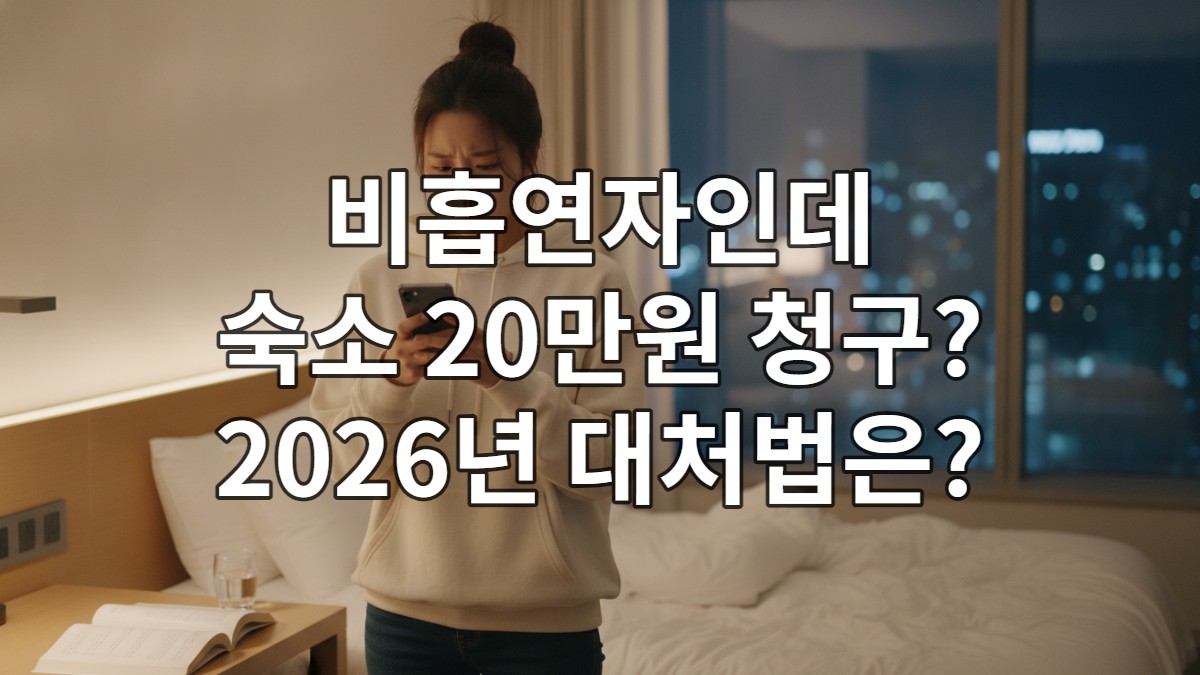 호텔 객실에서 스마트폰을 보며 답답한 표정을 짓는 젊은 한국인 여성. 비흡연자인데 담배 냄새로 인한 손해배상 청구에 대해 고민하는 모습.