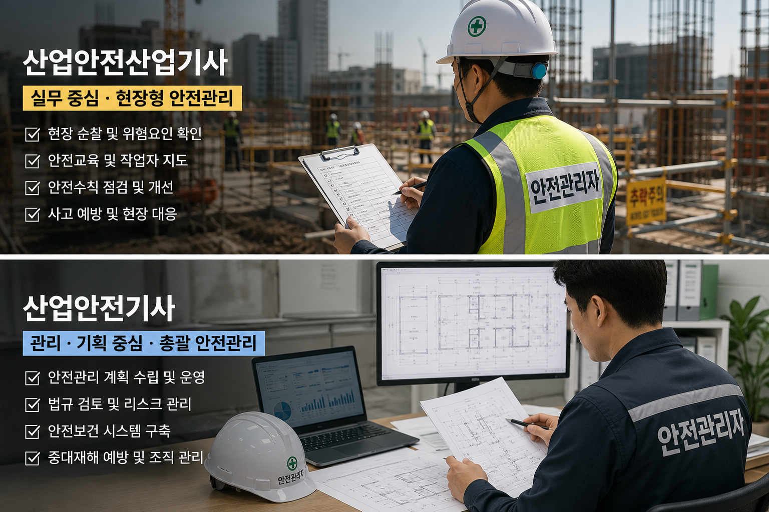 이미지 출처: AI 생성 이미지(콘텐츠 이해를 돕기 위한 시각 자료, 실제 인물을 특정하지 않은 AI 생성 이미지)
산업안전산업기사와 산업안전기사의 업무에 대한 자세한 설명한 이미지