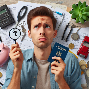 여권과 각종 서류 앞에서 고민하는 청년