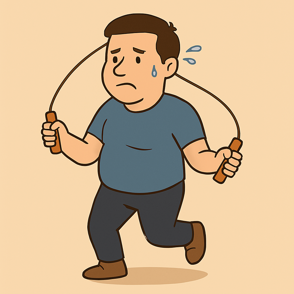 살짝 비만이 있는 남성이 줄넘기를 하며 체중조절을 하고있음