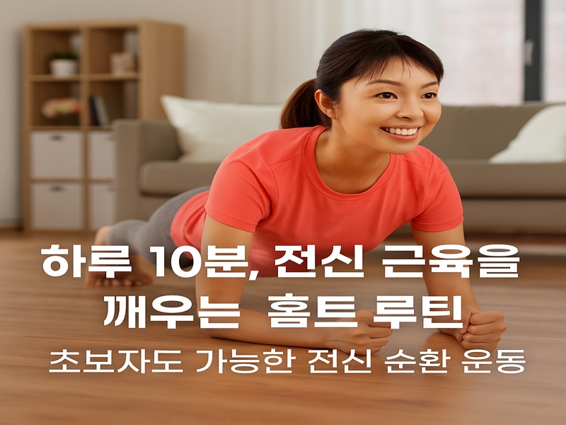 거실에서 플랭크 동작을 하고 있는 젊은 아시아 여성. 밝고 깔끔한 인테리어 속에서 운동복을 입고 자세를 유지하며 홈트레이닝을 실천하는 모습