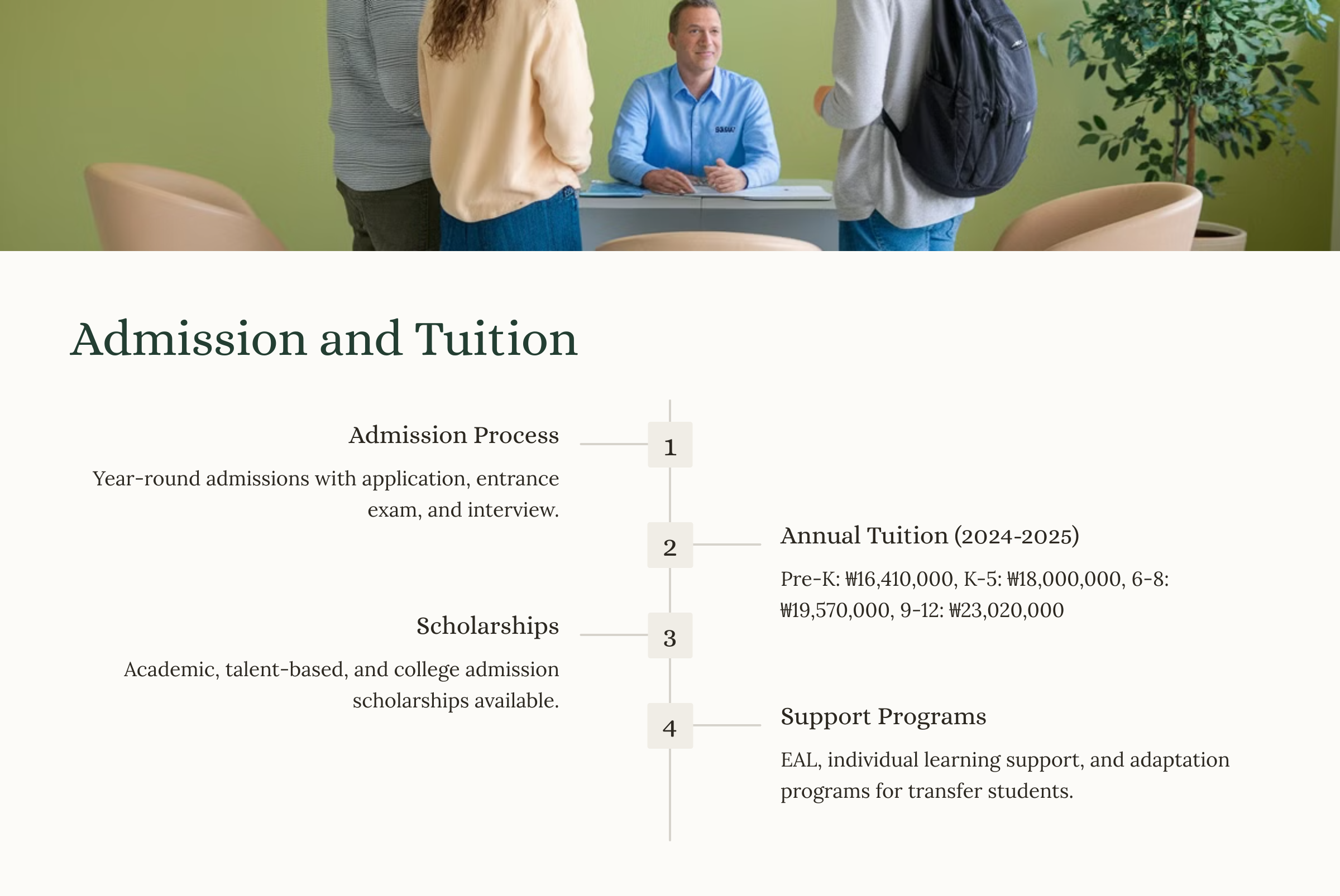 “한국외국인학교 판교캠퍼스 입학 절차 및 학비 정보. 입학 지원, 연간 학비, 장학금, 전학생 지원 프로그램 관련 내용.”