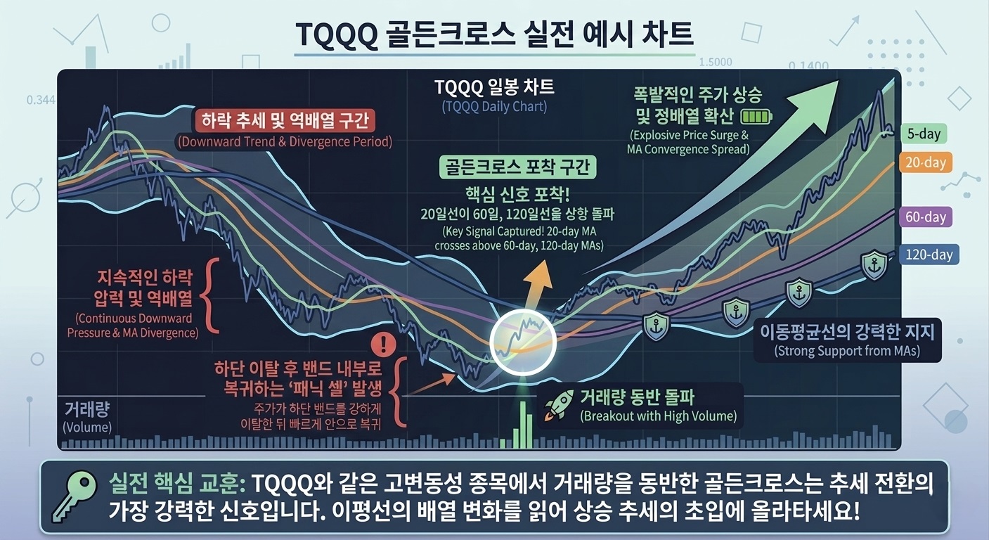 TQQQ 볼린저 밴드 하단 이탈 후 내부 복귀 반등 사례
