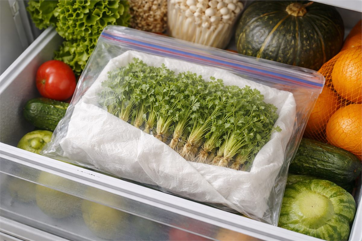 종이타월과 봉투로 감싸 냉장 보관한 신선한 냉이 