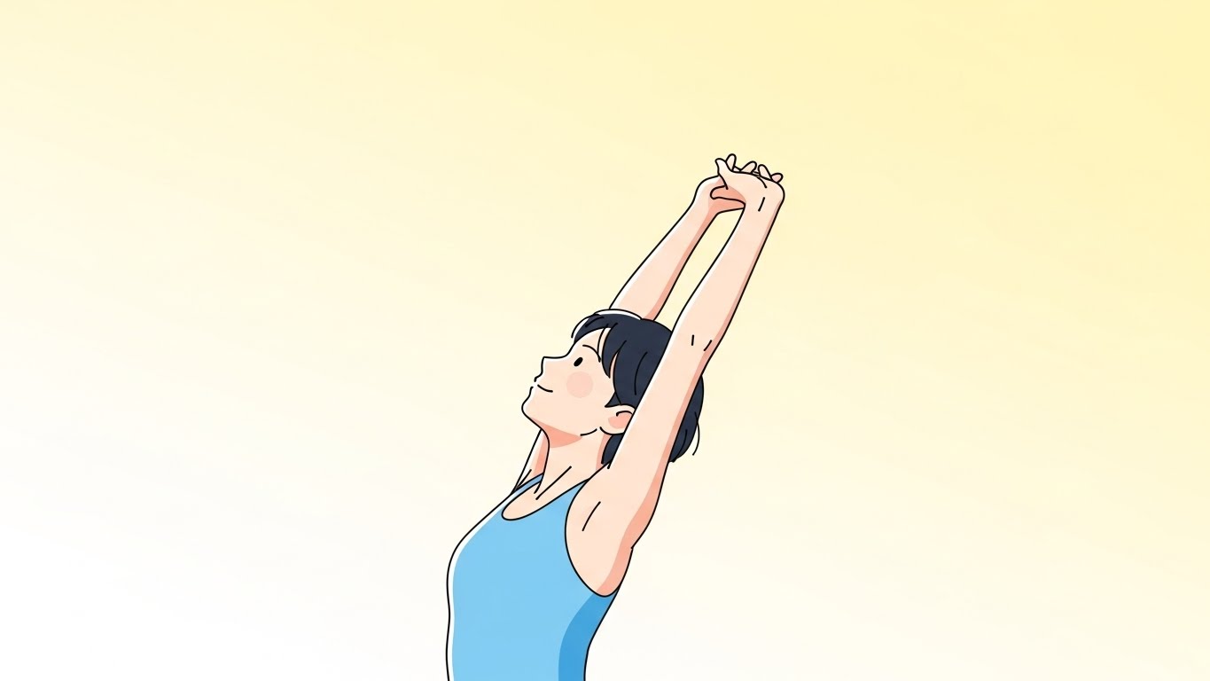 Woman doing gentle morning stretches to wake up her body, part of a healthy Korean morning routine that increases circulation and energy.