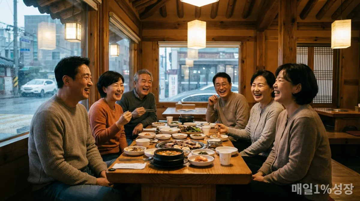 따뜻한 분위기에서 함께 웃으며 식사하는 한국인 친구들, 긍정적인 관계의 중요성