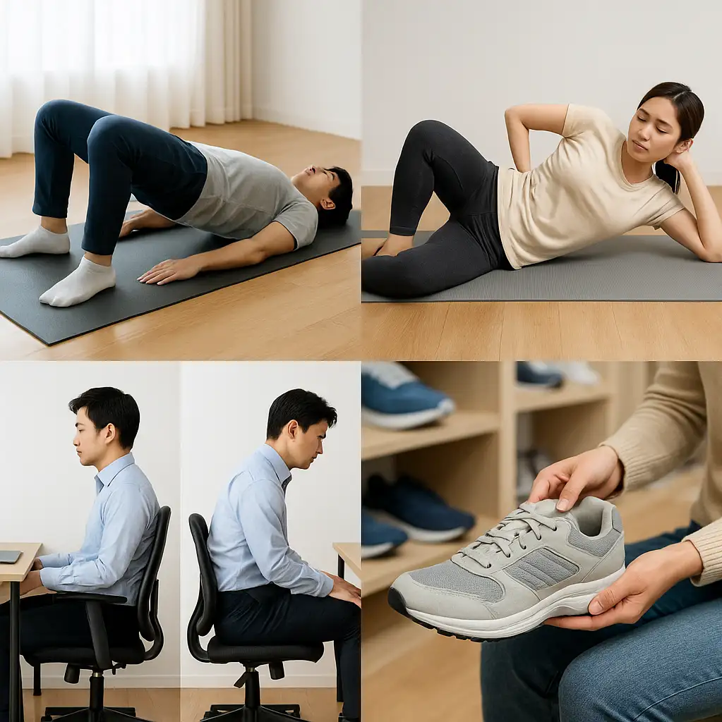 힙 브릿지, 클램쉘 운동 등 엉덩이 통증 완화 운동을 하는 남녀, 바른 앉은 자세와 잘못된 자세 비교, 신발 고르는 장면