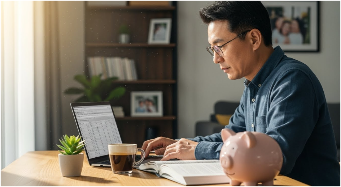 40대 남자가 모니터로 돈관리 하는 이미지