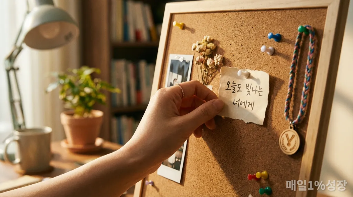 긍정 확언이 적힌 노트를 코르크보드에 붙이는 손
