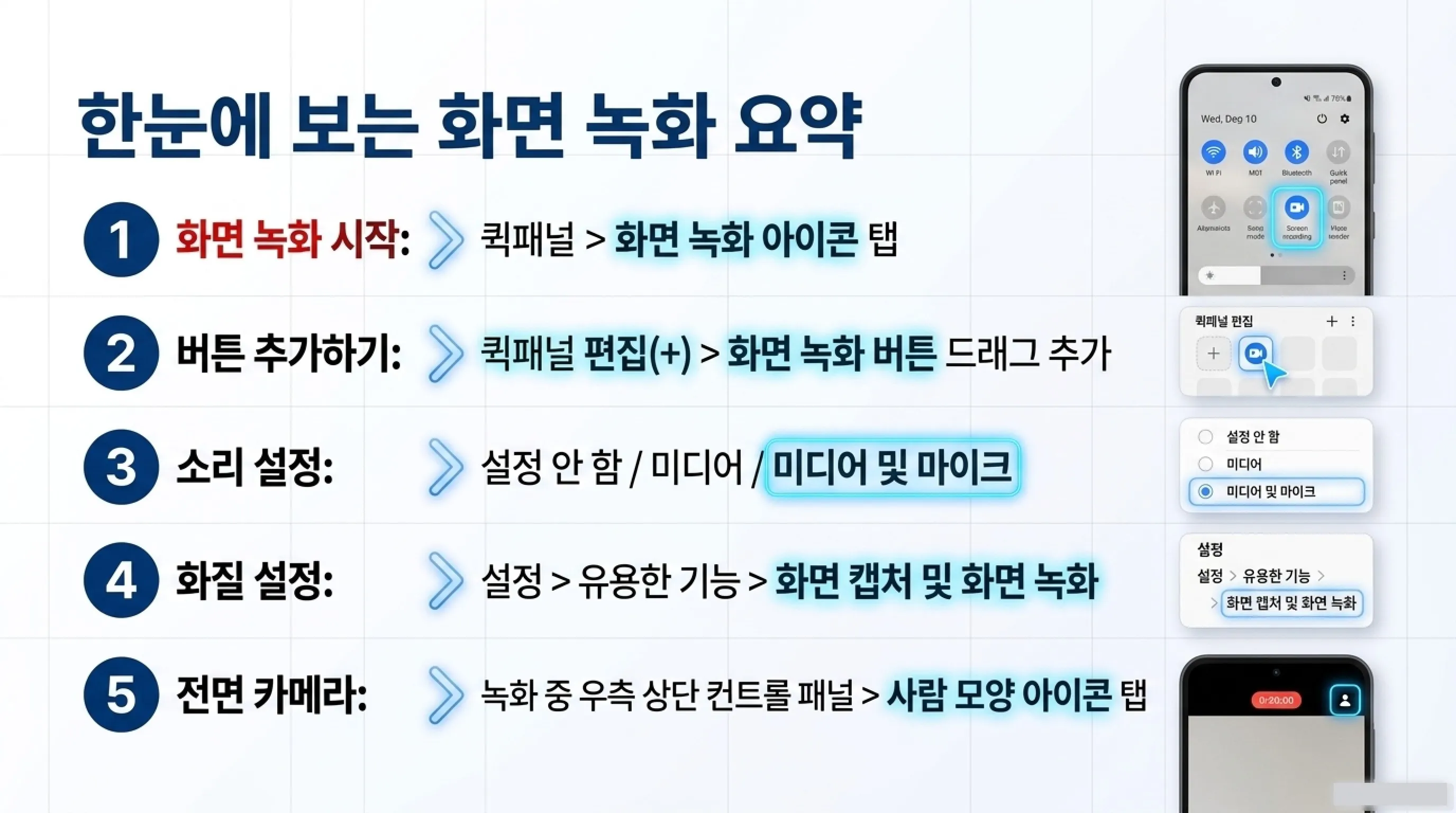 갤럭시 화면 녹화 방법 (소리&middot;화질&middot;전면 카메라 설정)