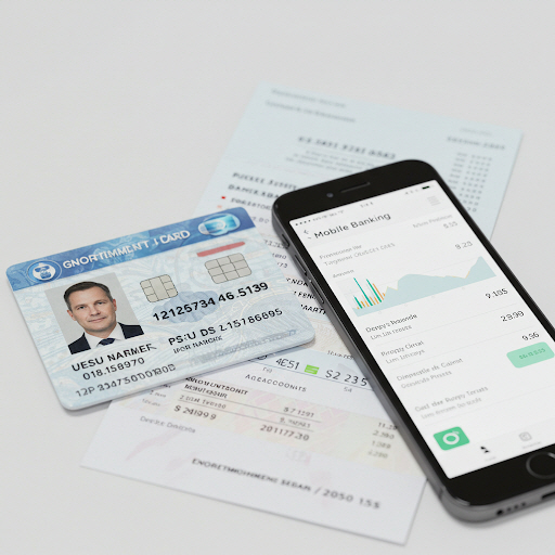 신분증, 스마트폰, 은행 통장