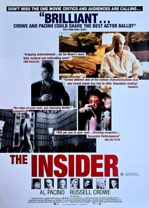 영화 인사이더 포스터, 러셀 크로우와 알 파치노 주연의 내부 고발 스릴러