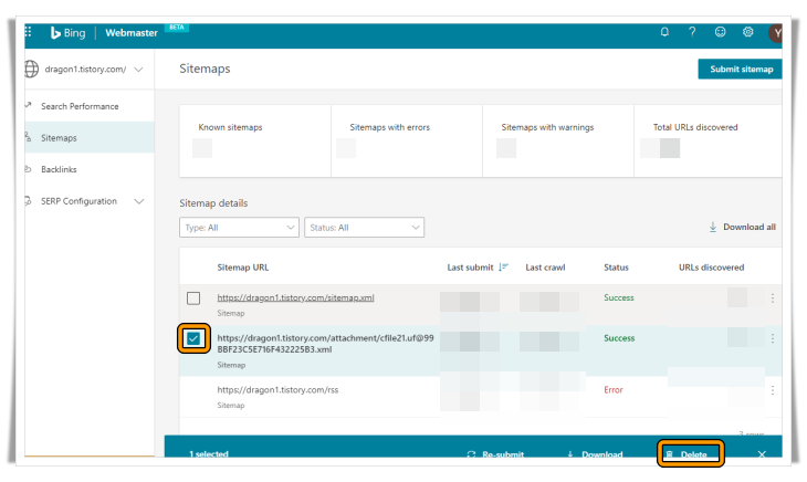 기존 사이트맵 선택 후 Delete 선택