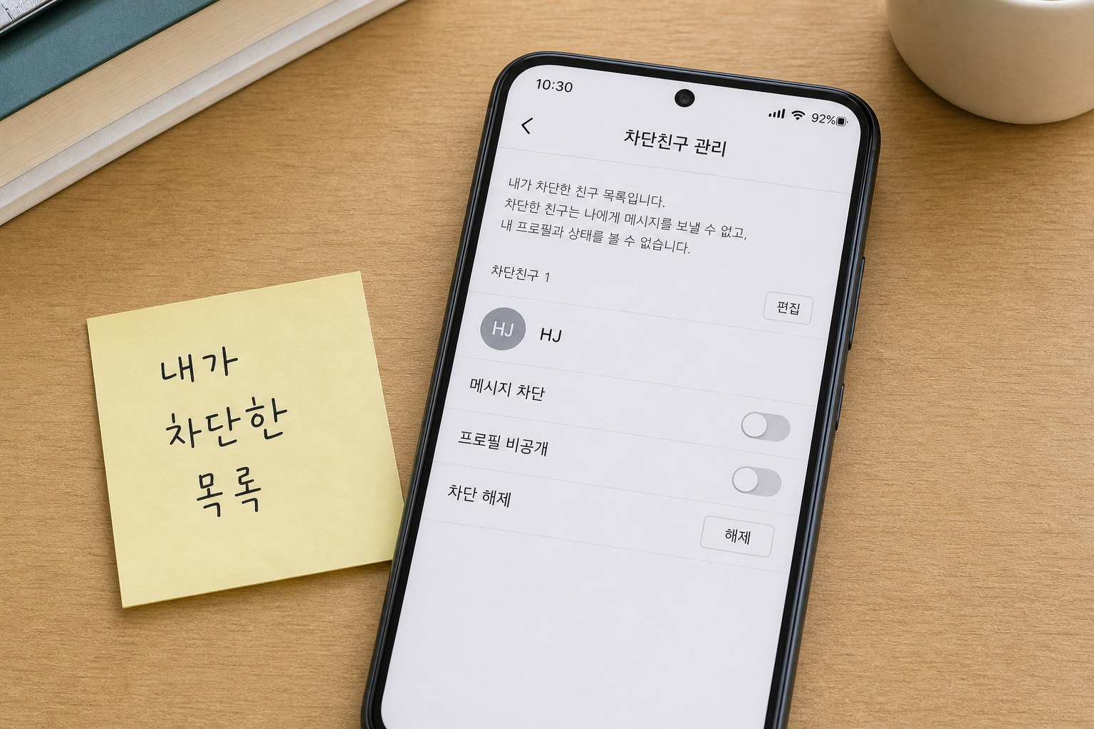 카카오톡 차단친구 관리에서 메시지 차단 프로필 비공개 차단 해제를 확인하는 스마트폰 예시 화면