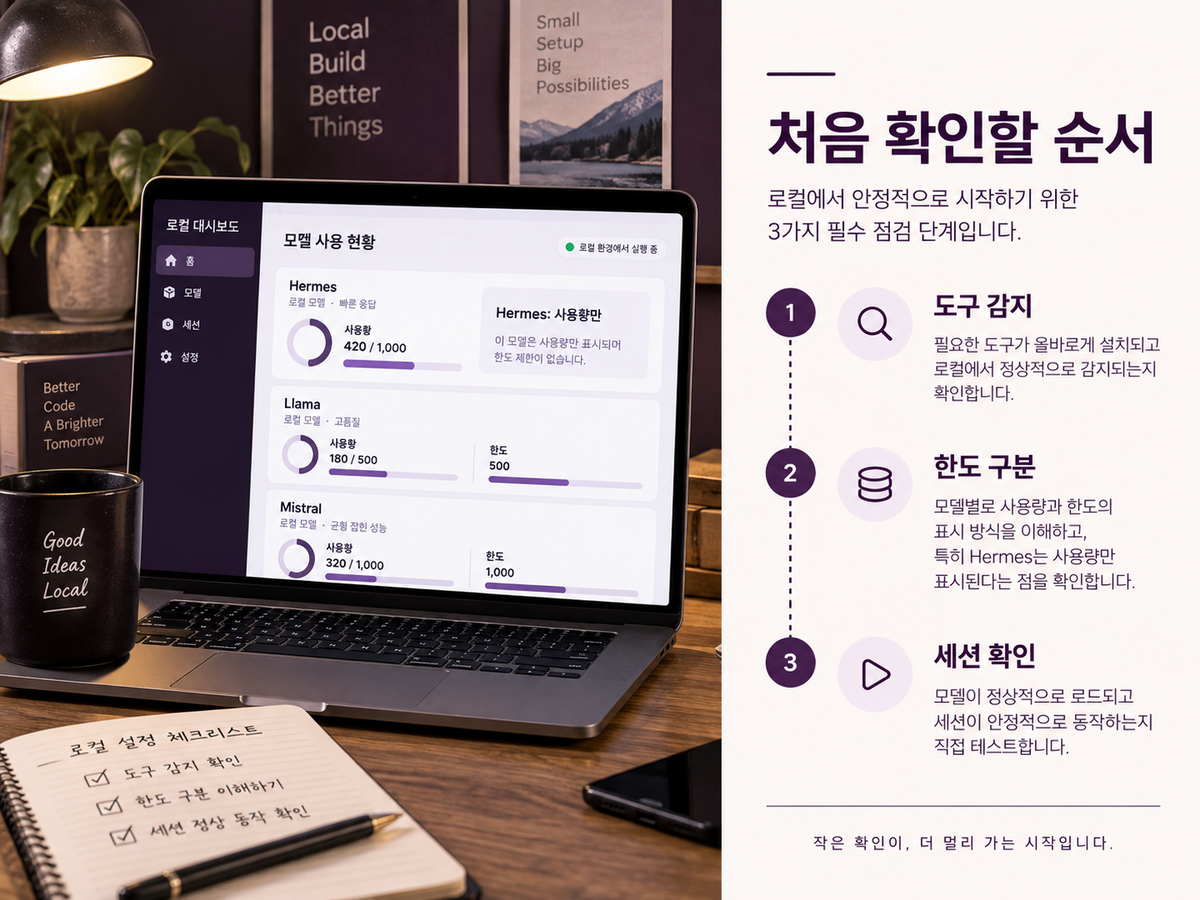 Token Monitor 로컬 모드에서 도구 감지·한도 구분·세션 확인을 차례로 하는 3단계