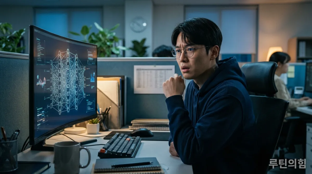 AI 모델을 보며 고민하는 한국인 IT 전문가의 모습