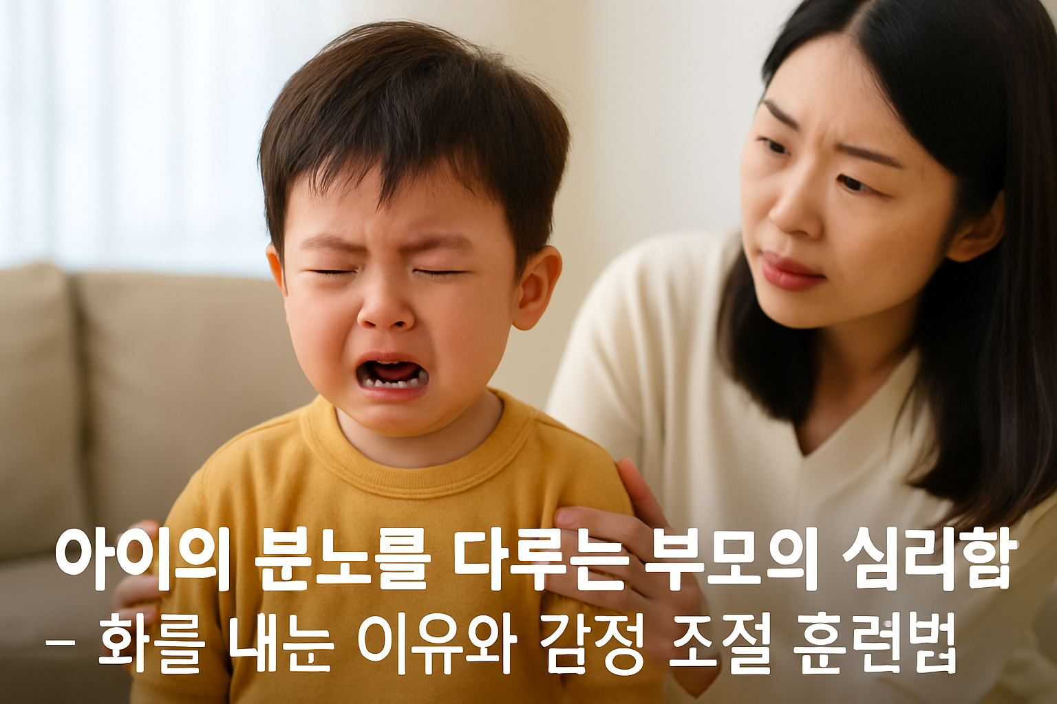 3~4세 남자아이가 울며 분노를 표현하고, 옆에서 엄마가 걱정스러운 표정으로 아이를 달래는 장면. 감정을 조절하지 못해 울부짖는 아이와 공감하며 위로하는 부모의 모습