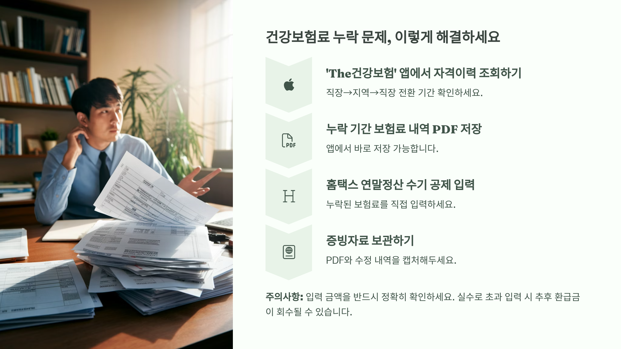 이직 후 건강보험료 누락된 경우를 해결하는 방법을 보여주는 이미지 입니다.