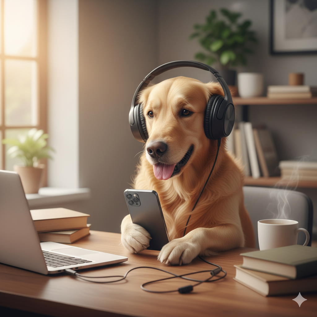 구글 나노바나나 AI 이미지 생성 모델로 만든 음악듣는 골든리트리버 이미지.