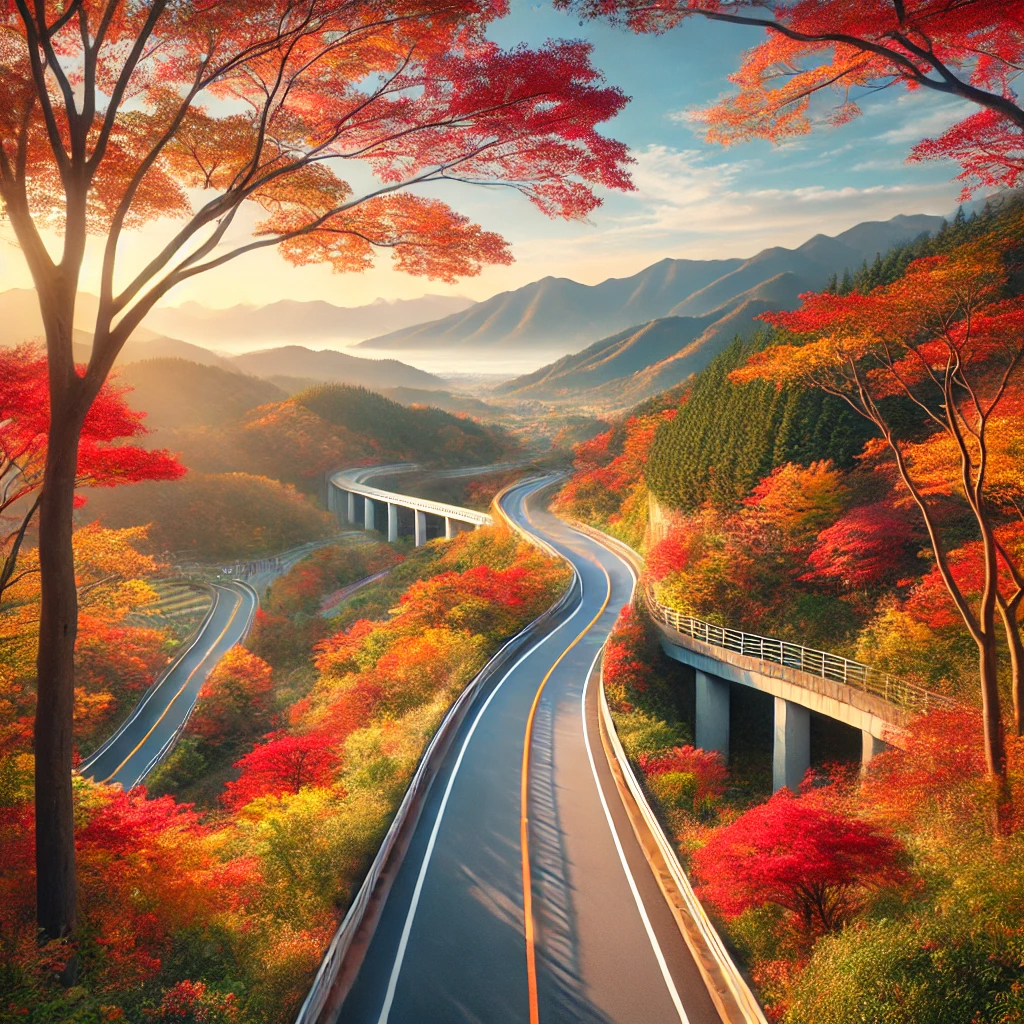 인천 영종도 하늘길의 가을 풍경, 붉고 노란 단풍이 가득한 나무들 사이로 구불구불한 도로가 펼쳐진 모습