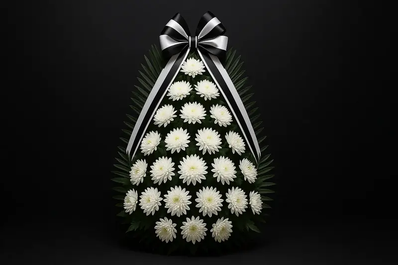 검은 배경에 놓인 흰 국화로 만든 전통 근조화환