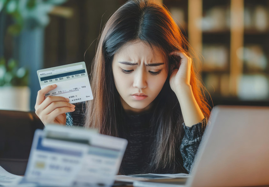 신용카드 결제서를 확인하며 가계 부담을 느끼는 사람의 모습