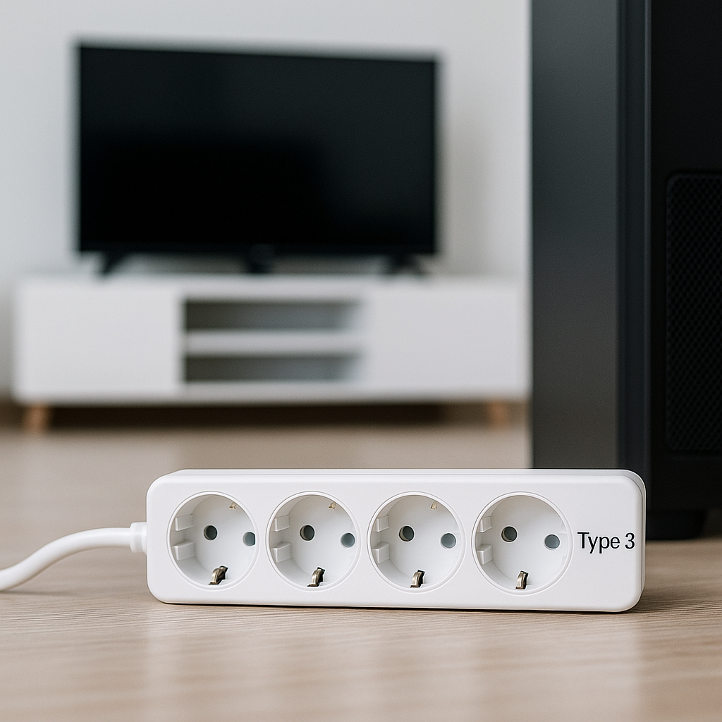 거실 TV·PC 앞에서 Type 3 보조 서지보호 멀티탭을 사용하는 모습