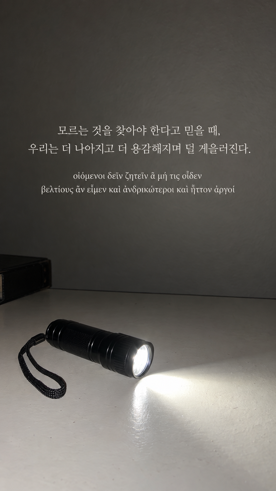 플라톤 명언 29 모르는 것을 찾아야 한다고 믿을 때, 우리는 더 나아지고 더 용감해지며 덜 게을러진다. 어둠 속 작은 손전등 불빛 배경의 한글·그리스어 세로 이미지