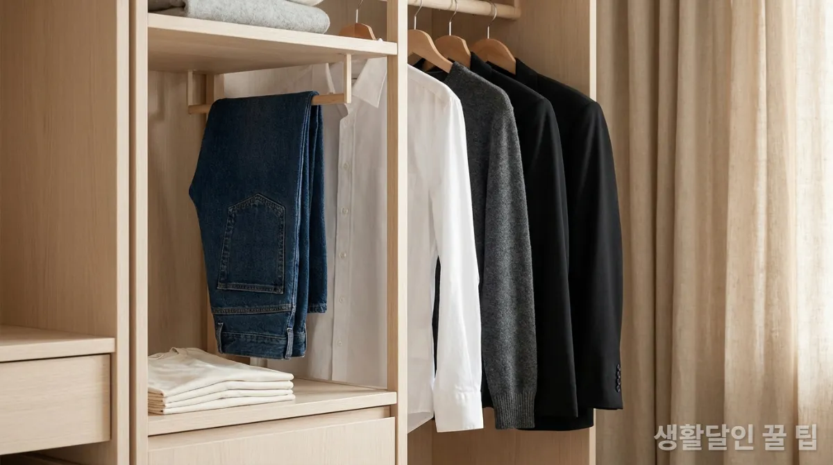 잘 정리된 옷장 속 흰 셔츠, 청바지, 검은 블레이저 등 근본템 의류