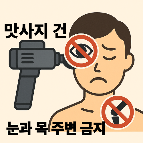 “마사지건을 얼굴 근처에서 사용하는 위험 장면을 경고하는 이미지 — 눈과 목 주변에 금지 표시가 있는 일러스트”