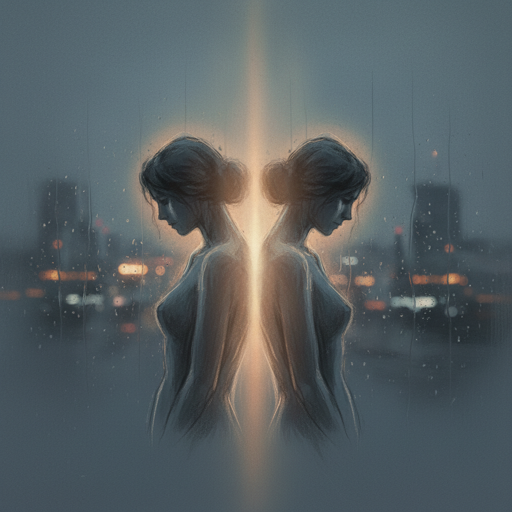 필 콜린스와 마릴린 마틴의 "Separate Lives" 노래 커버 아트. 두 사람이 서로 등을 돌리고 멀어지는 듯한 실루엣, 혹은 창밖을 쓸쓸히 바라보는 모습. 푸른색과 회색 톤으로 슬프고 고독한 분위기를 강조.