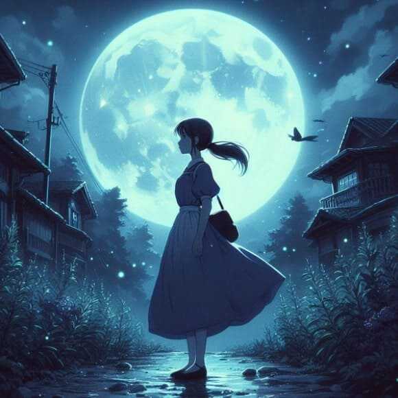 지브리 스타일 여성의 나풀거리는 원피스 치마를 입고 대형 보름달 빛을 받으며 서 있는 측면 이미지