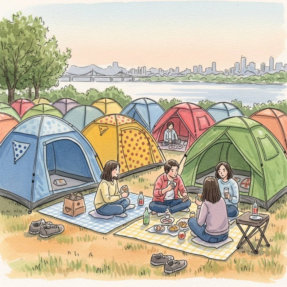 지정된 구역에 텐트를 치고 휴식을 취하는 사람들의 모습