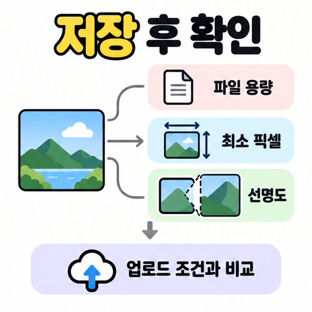 저장된 사진의 파일 용량, 최소 픽셀 크기, 선명도를 확인하고 업로드 조건과 비교하도록 안내하는 도식