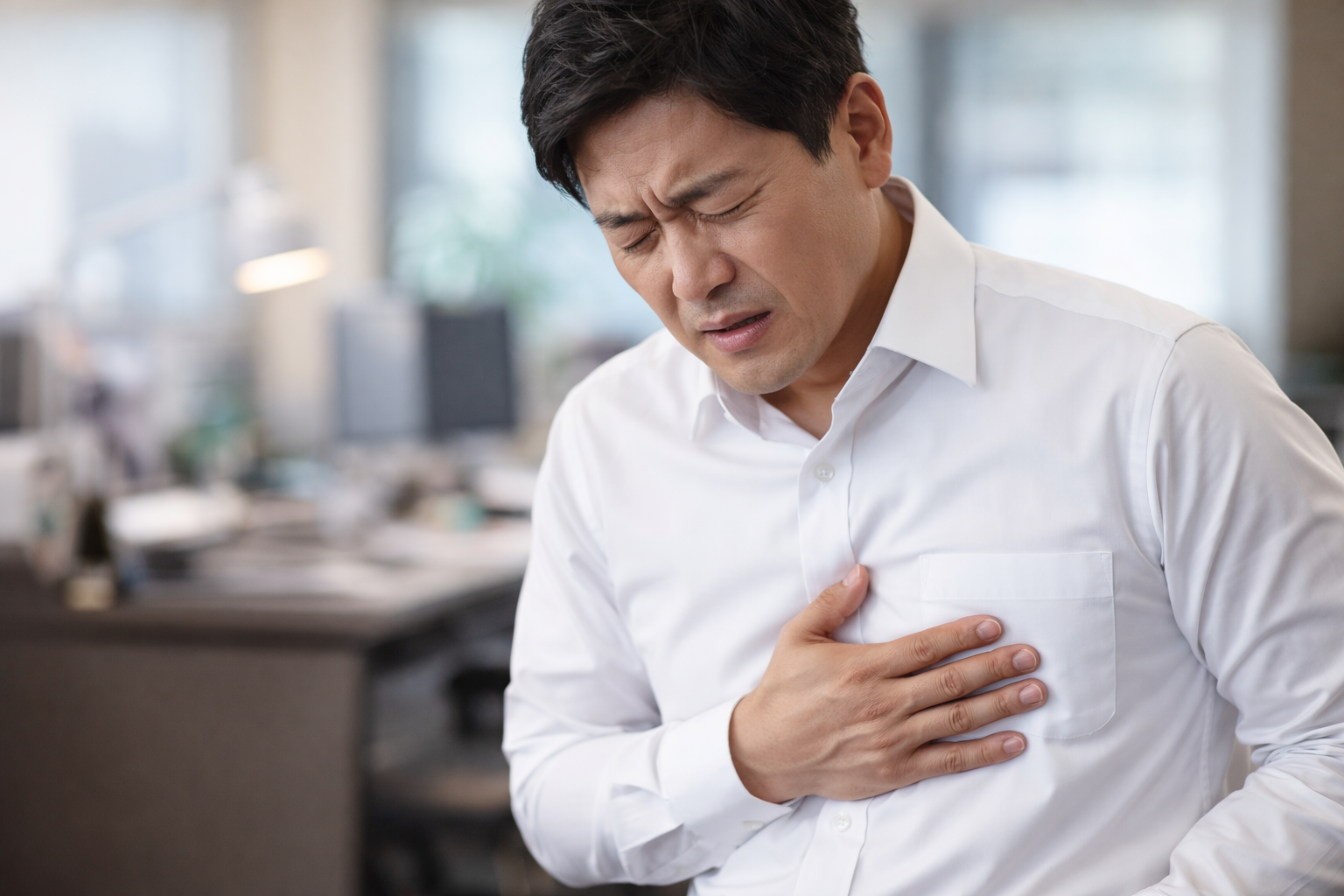 명치 부위를 손으로 누르며 속쓰림을 느끼는 40대 남성