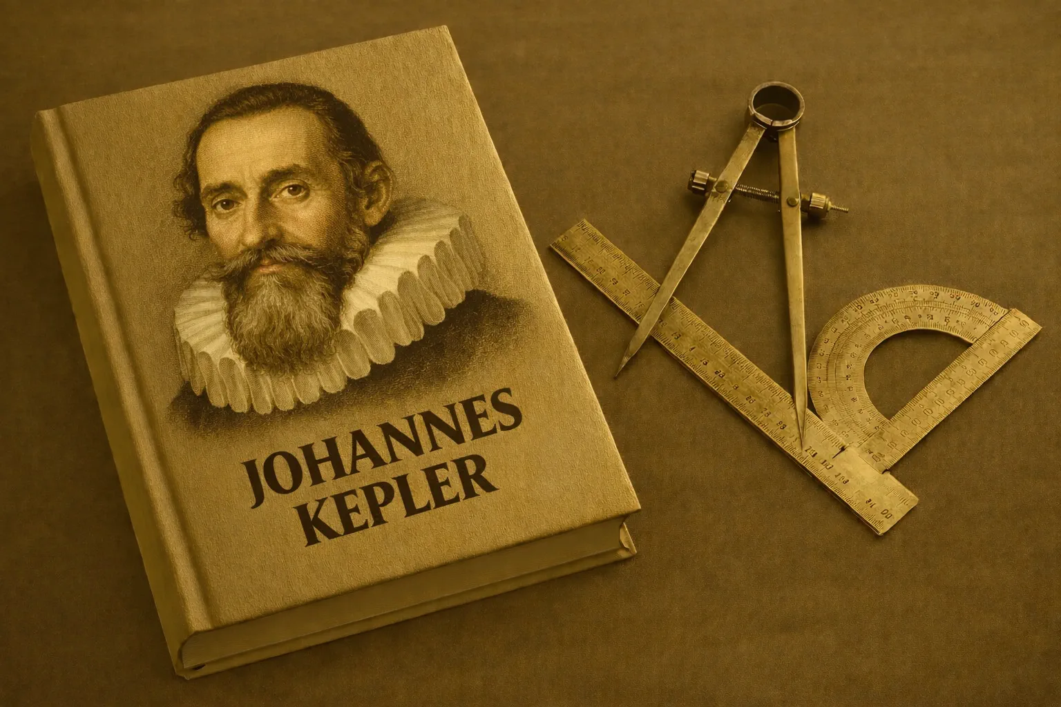 요하네스 케플러의 초상화가 담긴 책과 컴퍼스, 자, 각도 측정기가 놓인 이미지.