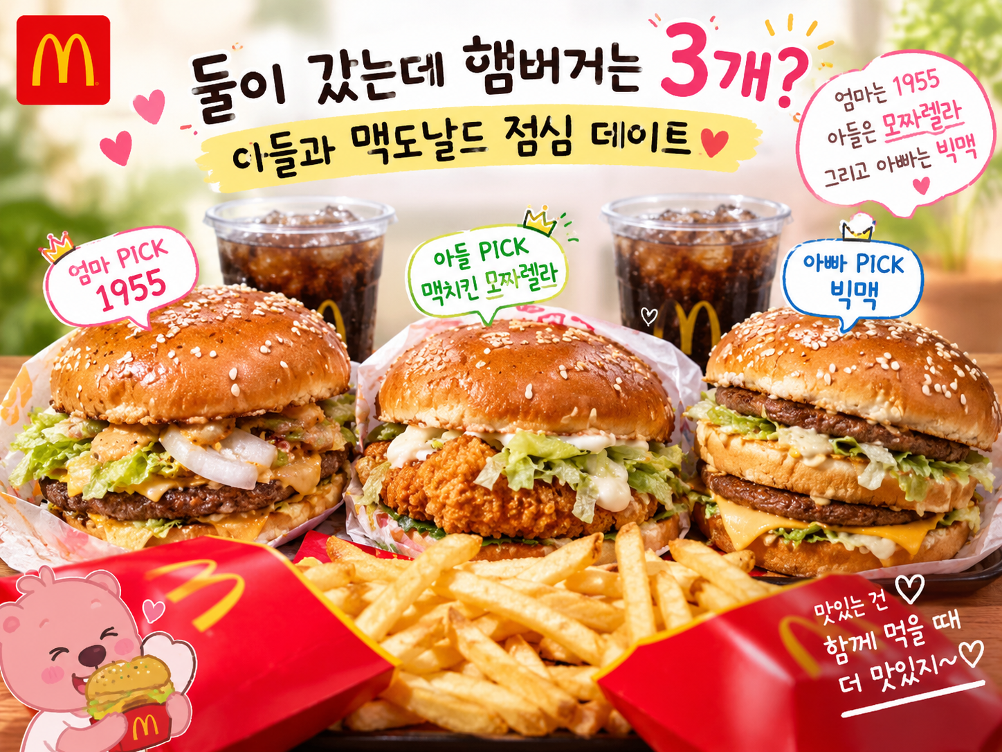 아들과 둘이 맥도날드 햄버거 3개를 주문