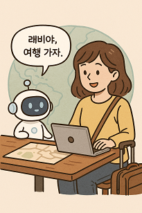 로봇과 함께 로봇을 들여다 보고 있는 여성, 캐리어가 옆에 있음