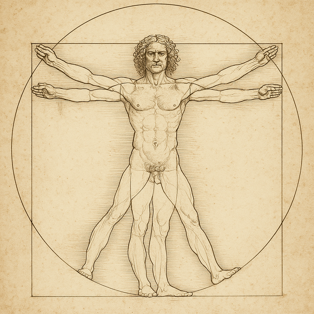 원과 사각형 안의 완벽한 인체 비례를 보여주는 남성, 레오나르도 다빈치 스타일, 해부학적 정확성