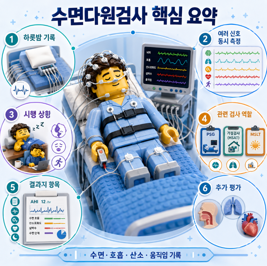 수면다원검사의 검사 방식·시행 상황·관련 검사·결과지 핵심을 한 화면에 정리한 의료 요약 인포그래픽