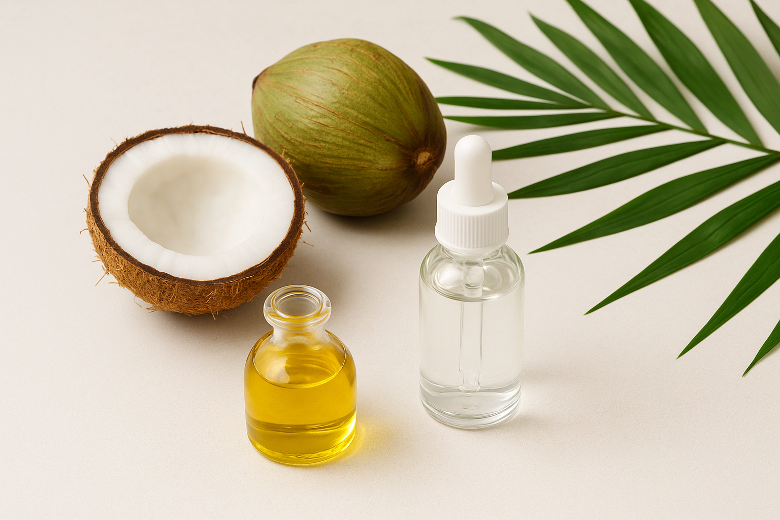 코코넛, 야자열매, 식물성 오일과 스킨케어 병이 함께 있는 이미지