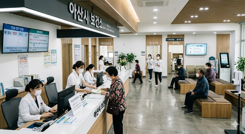 현대적이고 깔끔한 2026년 보건소 민원실 내부 전경. 보건증 접수를 위한 안내판과 대기 공간이 보임.