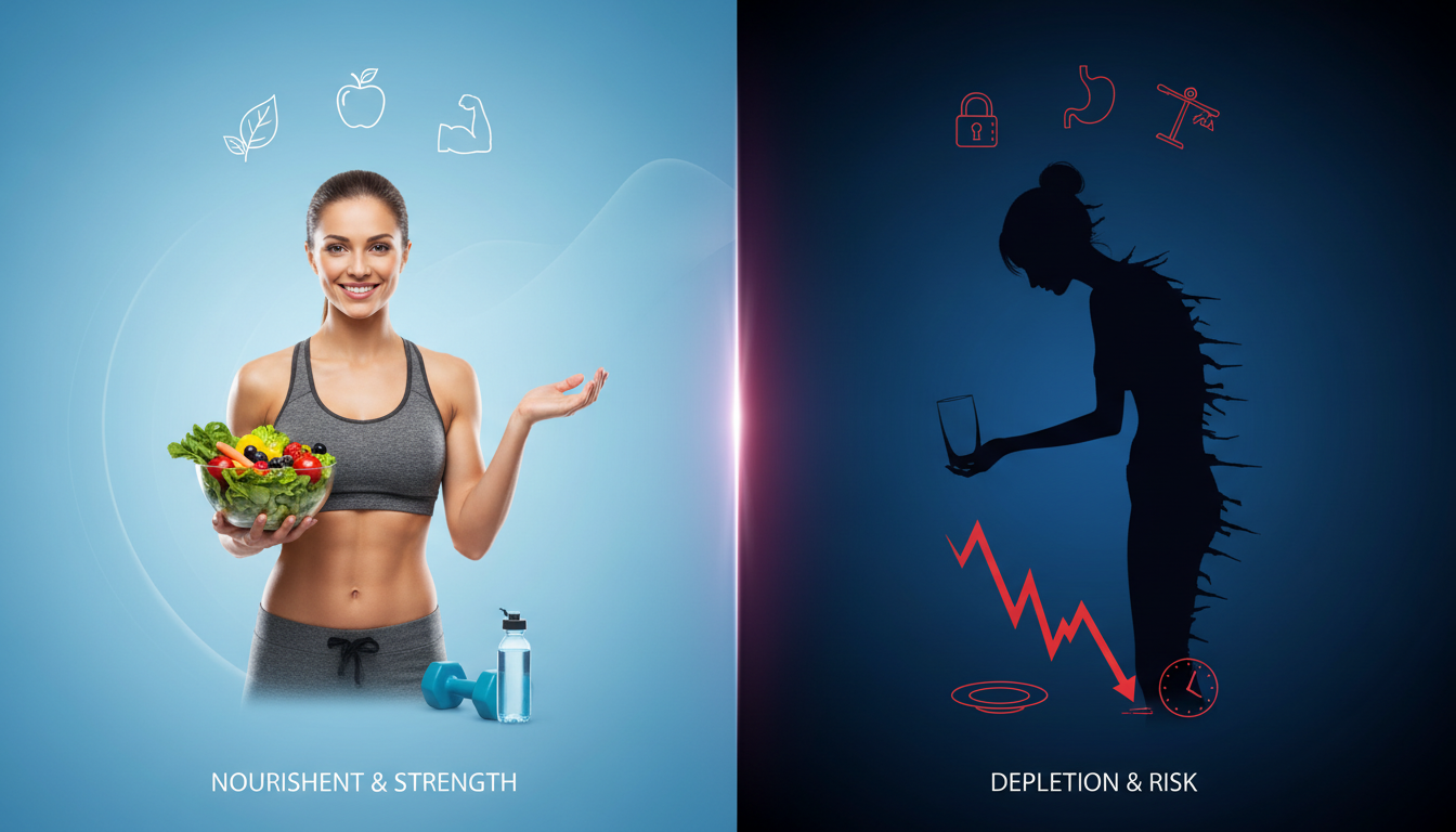 박민영 37kg 감량과 대조되는 건강한 다이어트와 극한 단식의 위험성을 시각적으로 비교한 일러스트