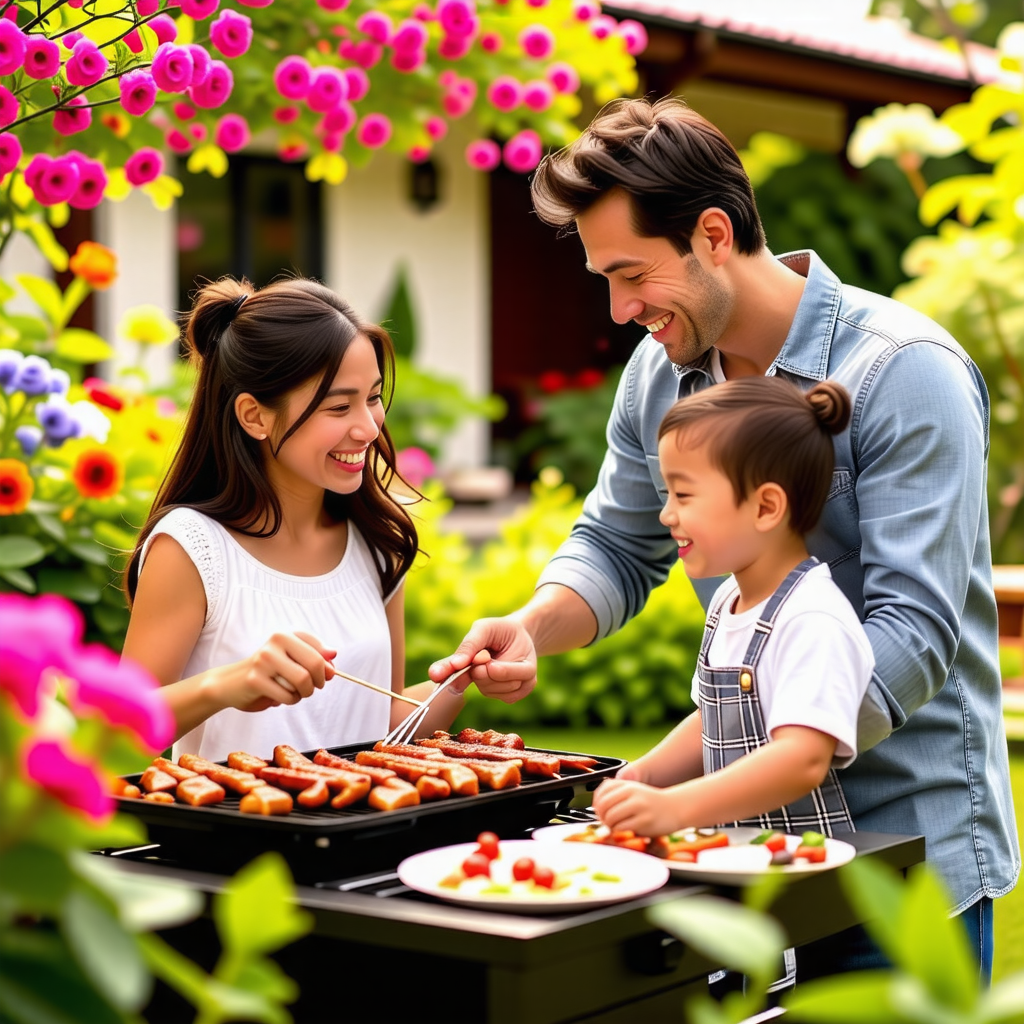 가족들이 삼겹살을 구워먹는 이미지