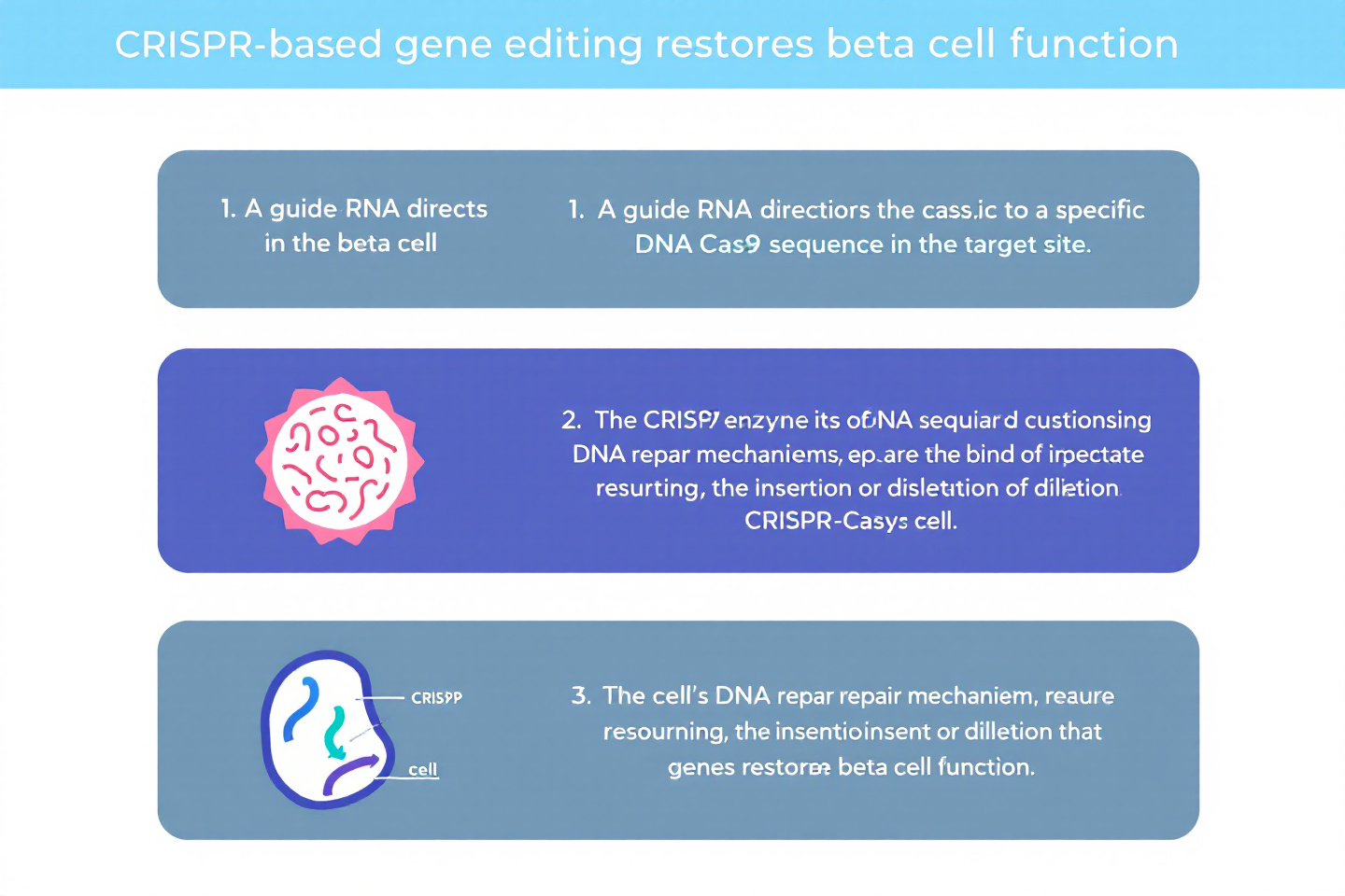 "CRISPR 기반 유전자 편집으로 베타세포 기능을 복구하는 원리를 설명하는 그래픽"