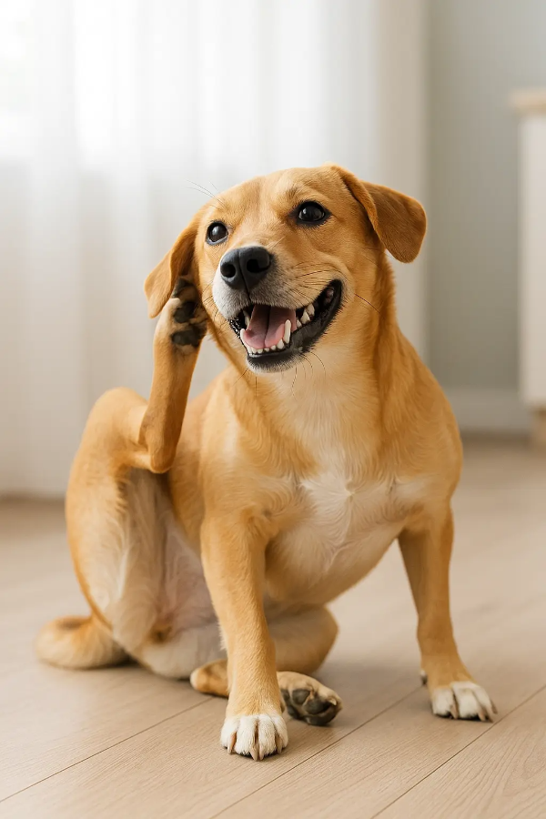 귀를 긁으며 앉아 있는 귀여운 강아지, 밝은 자연광이 들어오는 실내에서 편안한 모습