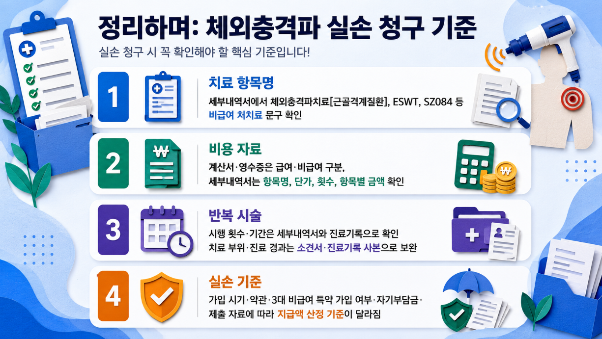 8. 체외충격파 실손 청구 기준을 최종 요약한 페이퍼아트 스타일 의료 인포그래픽