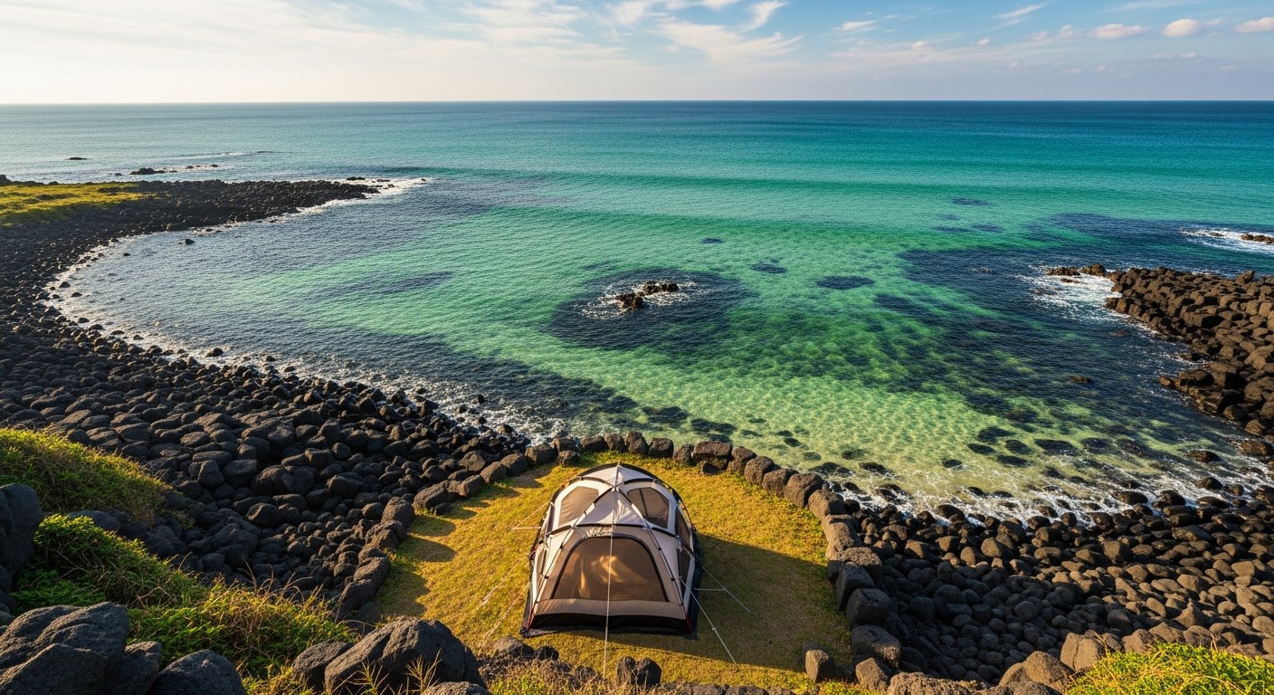 제주 비양도 에메랄드빛 바다 앞 텐트 백패킹