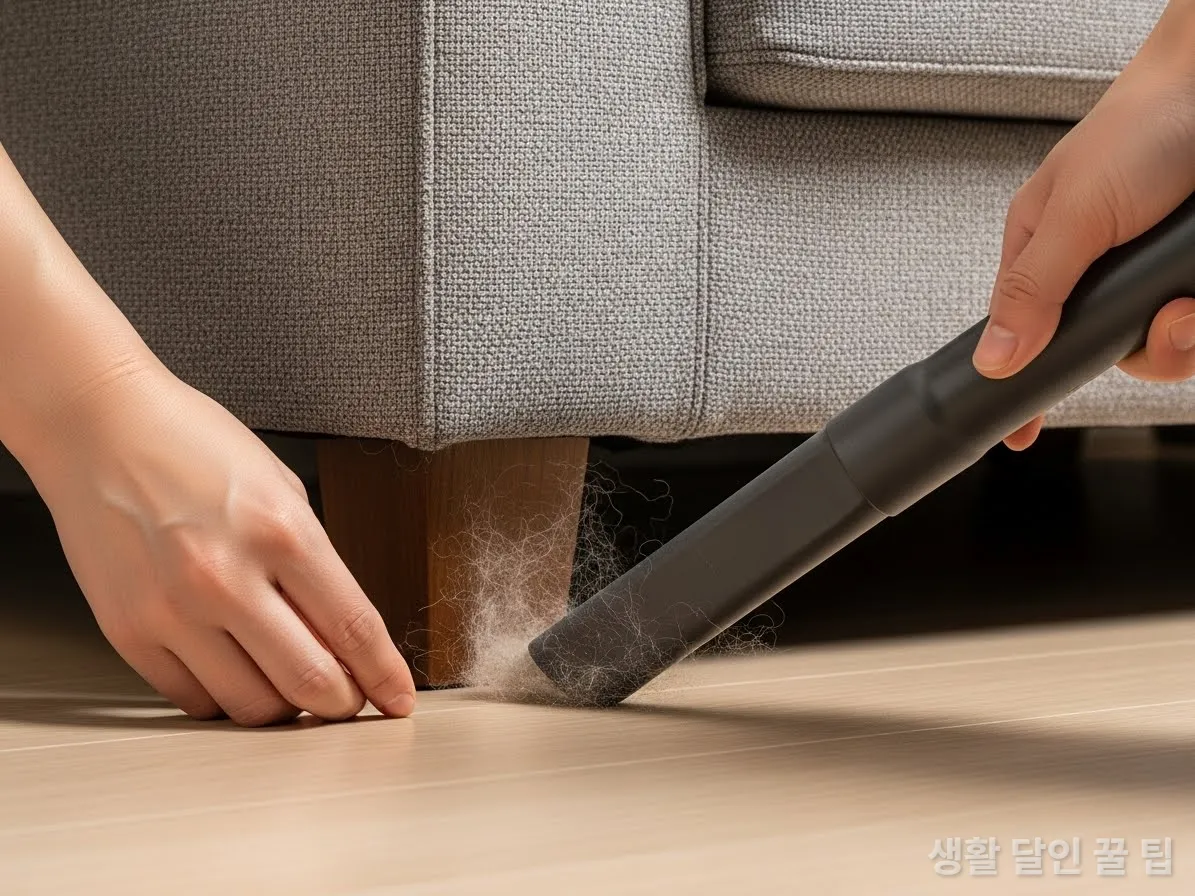 소파 아래 숨은 먼지를 진공청소기로 청소하는 한국인의 손